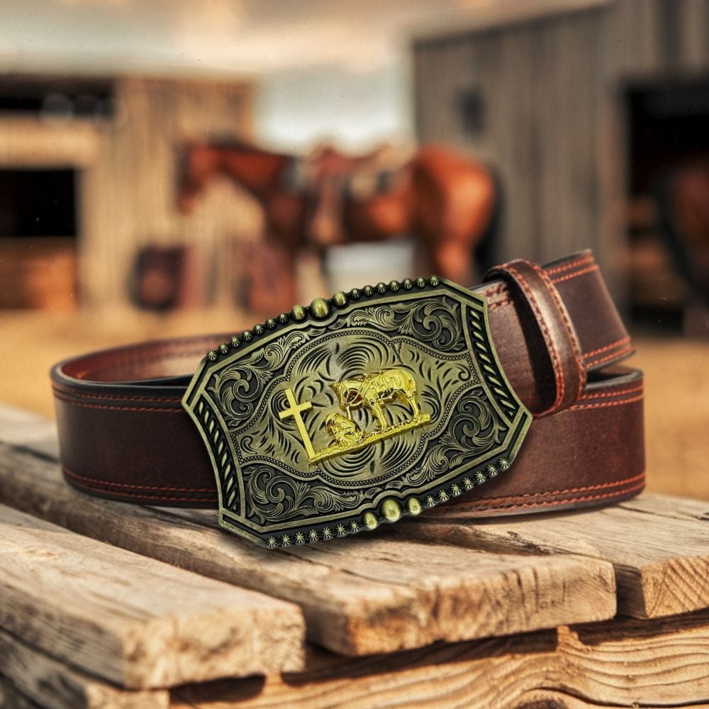 brown belt and vintage belt buckle on a wood stand with western background