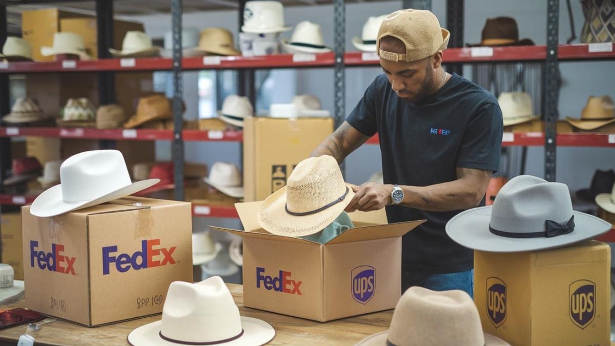 a man packaging a cowboy hat in a storage