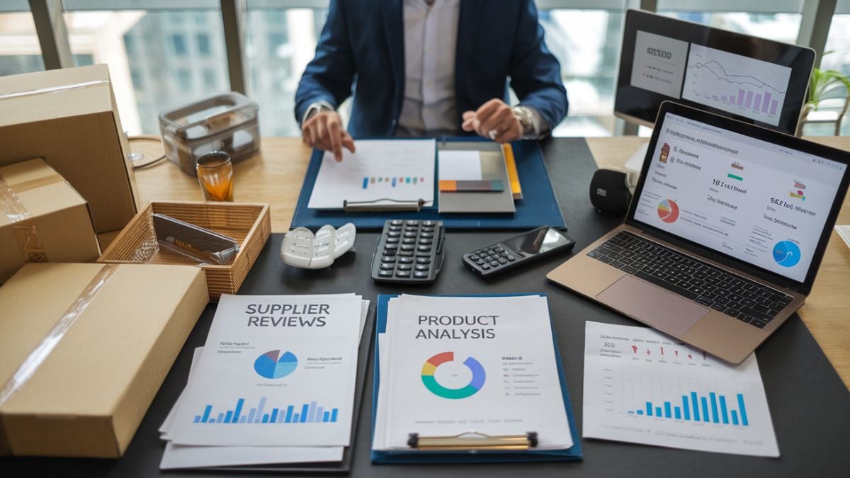 a businessman checking the product and supplier information on documents and laptop