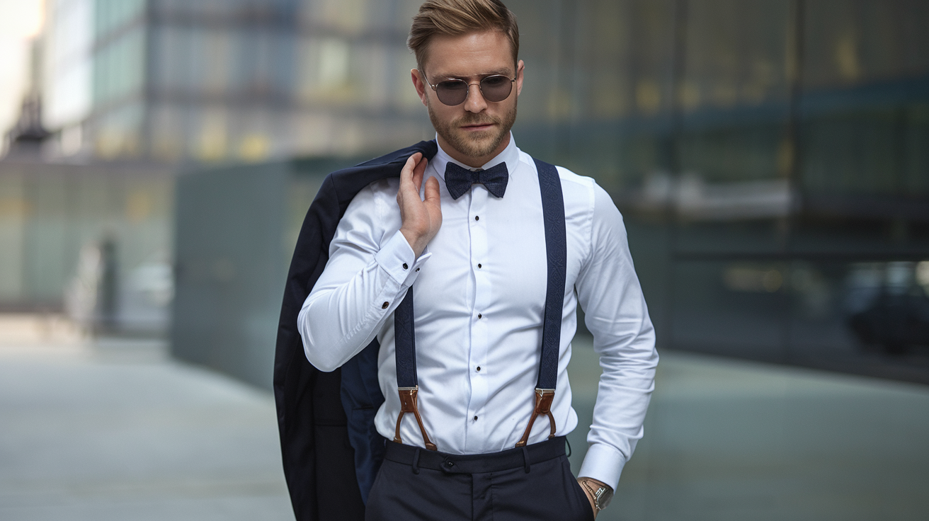 a man wearing a suit with suspender and bowtie