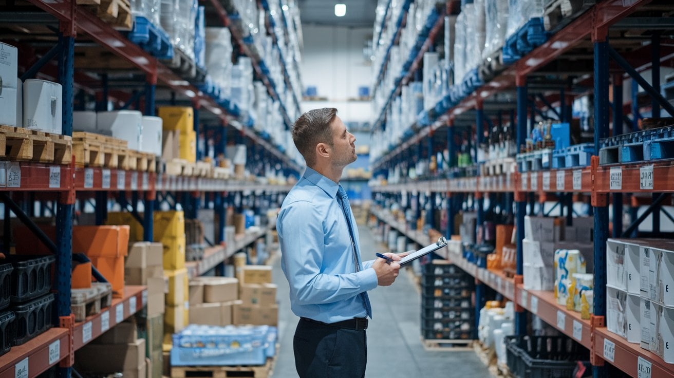 manager inspecting the warehouse inventory