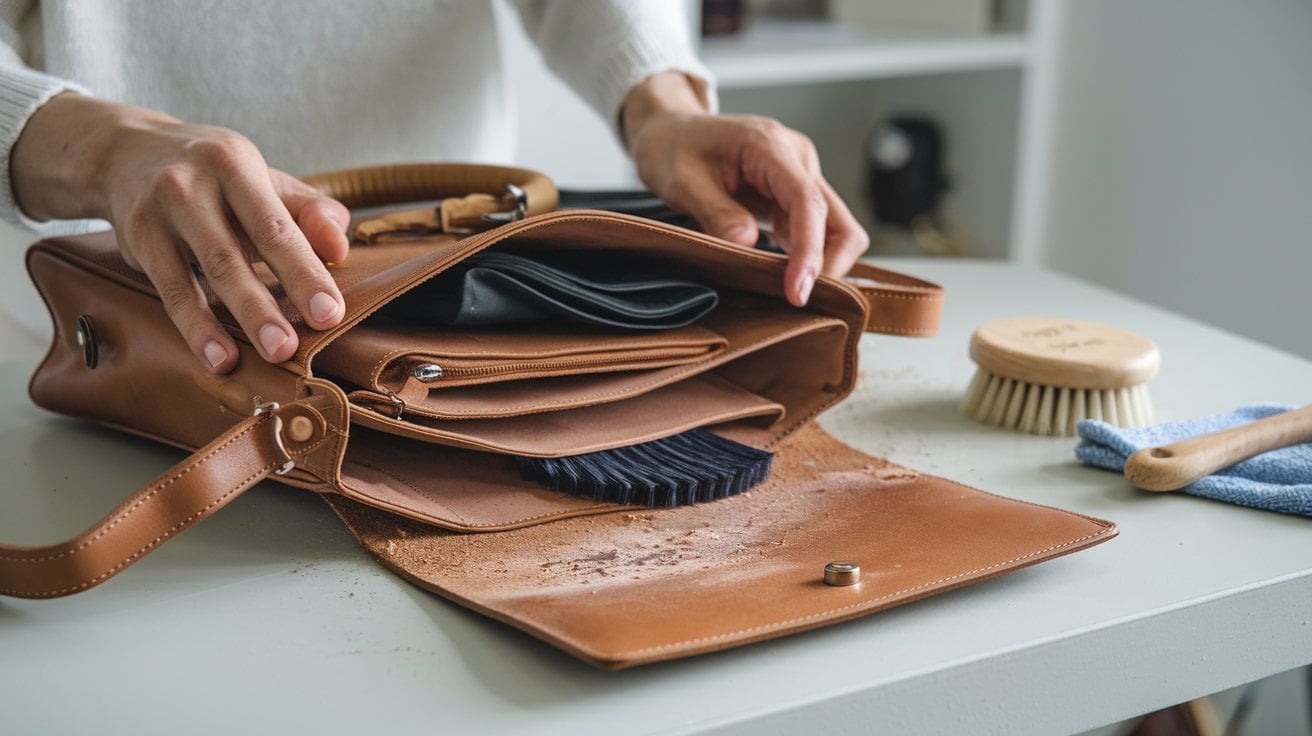 a person emptying the content of leather bag before cleaning