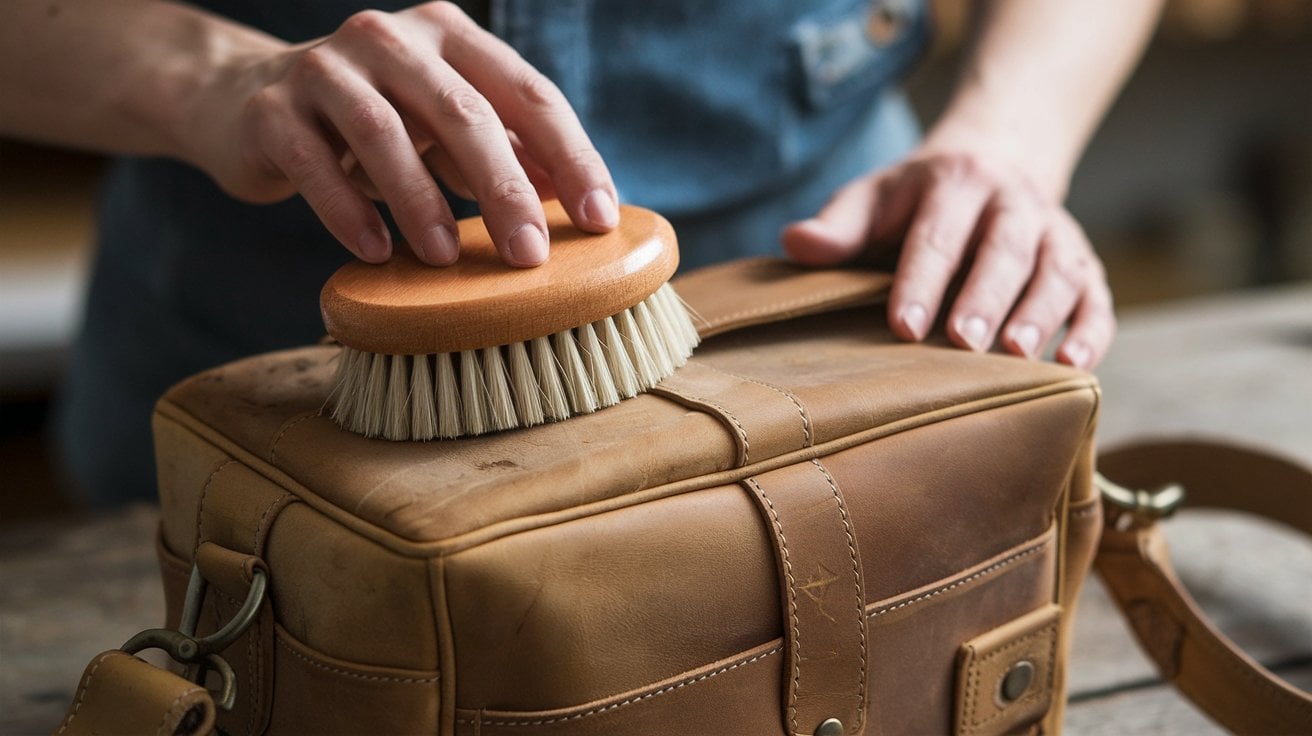 a person brushing the leather bag with horse hair brush