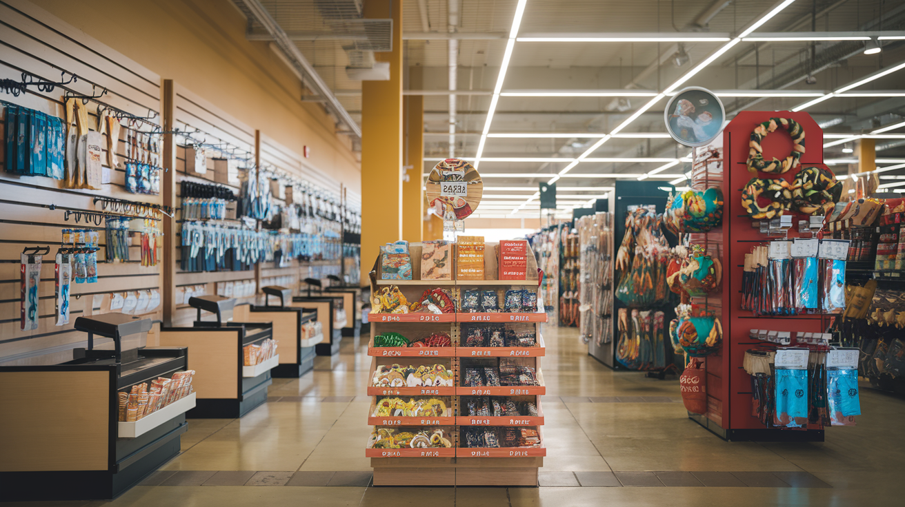 a shopping mall hallway with displays and products