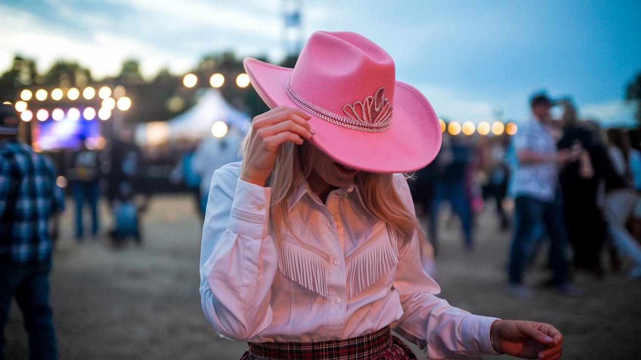 a women with pink cowboy hat dancing in a festival