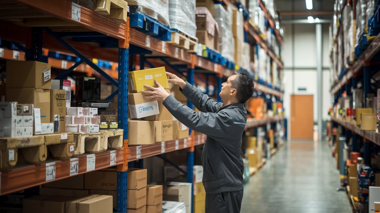 a photo of worker scanning boxes for inventory check