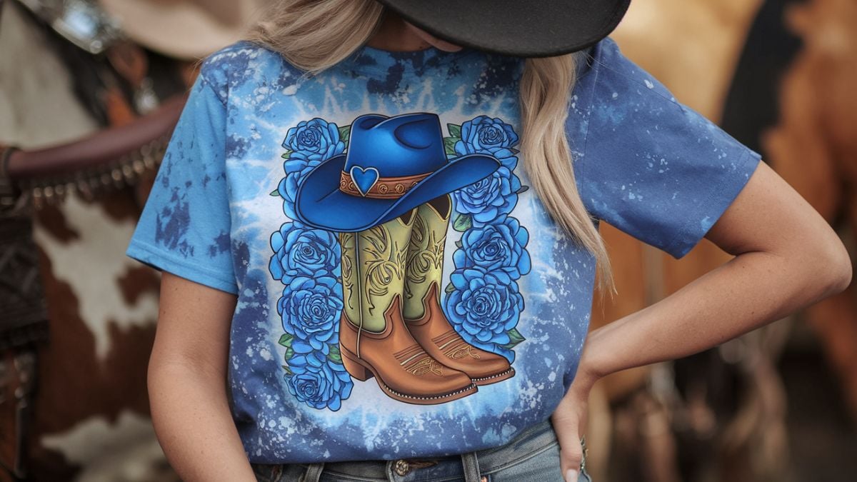 a woman wearing blue western design tshirt