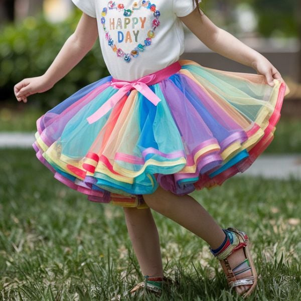 a young girl wearing a rainbow color tutu