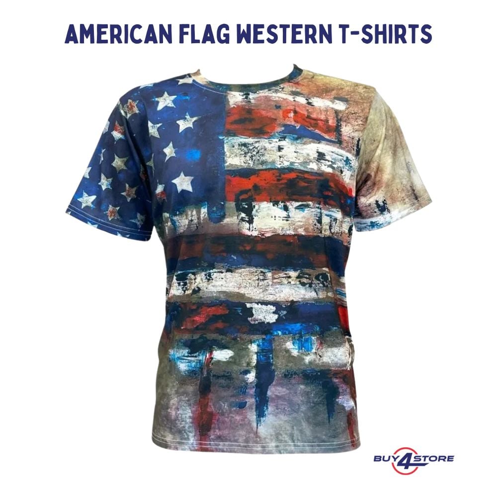 Patriotic Western Tees for Men - Vintage USA Flag Print and Short Sleeve