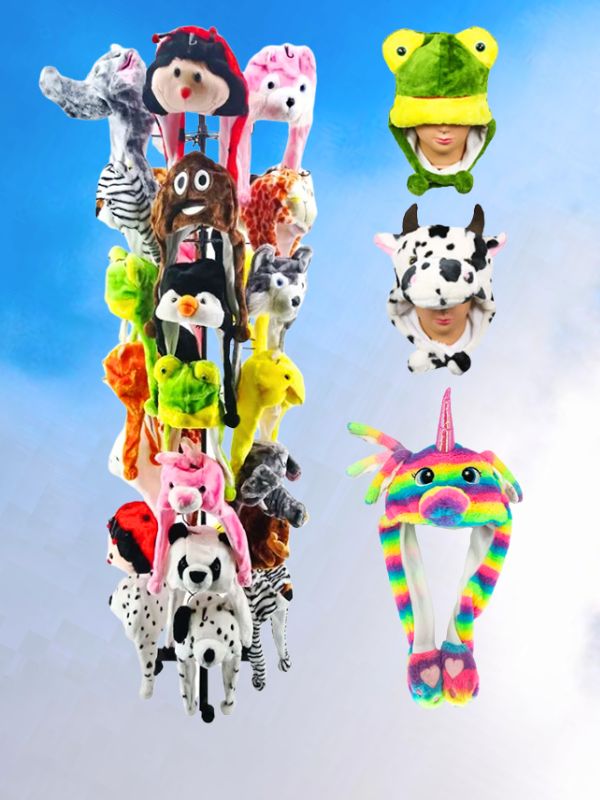 plush animal hats and animal hat display rack