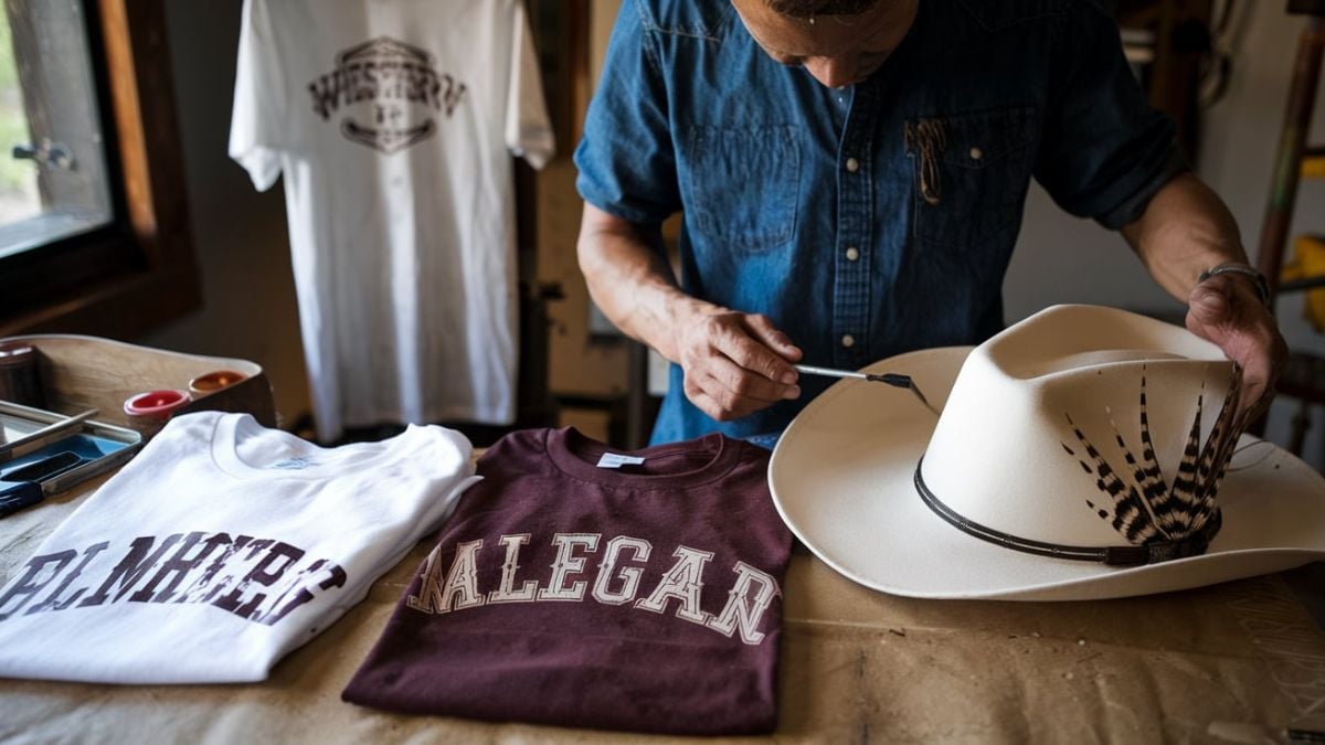 an artist customizing the hats and t shirts