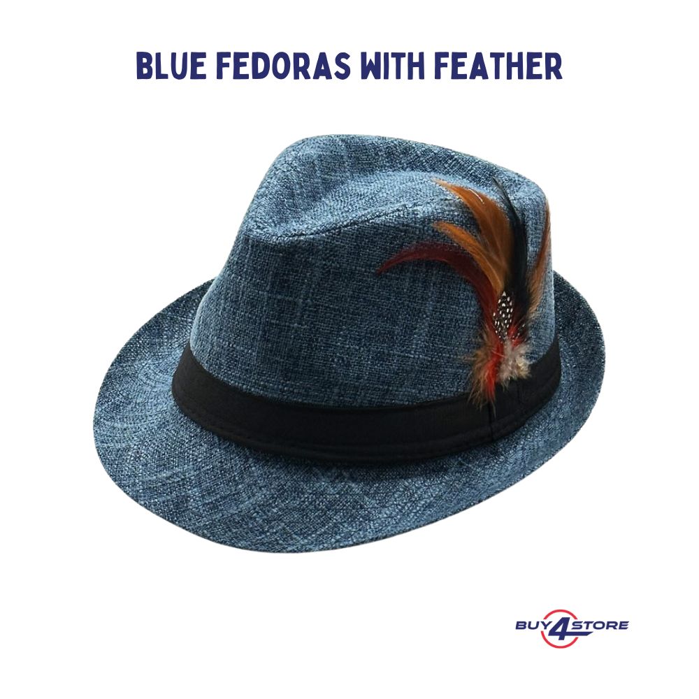 blue trilby fedora with feathers