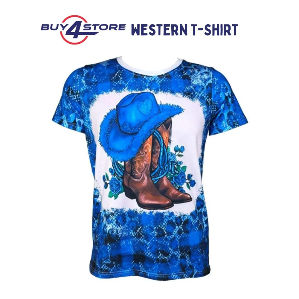 blue western tshirt with boots and cowboy hat design