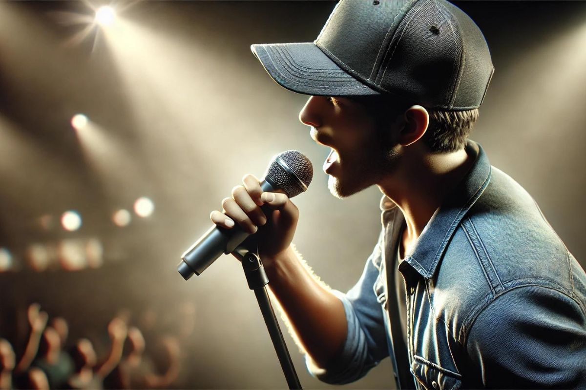 a celebrity singing a song in a concert while wearing a cap