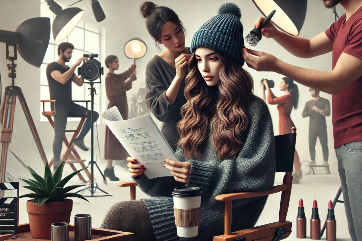 a celebrity woman wearing a beanie in a photoshot