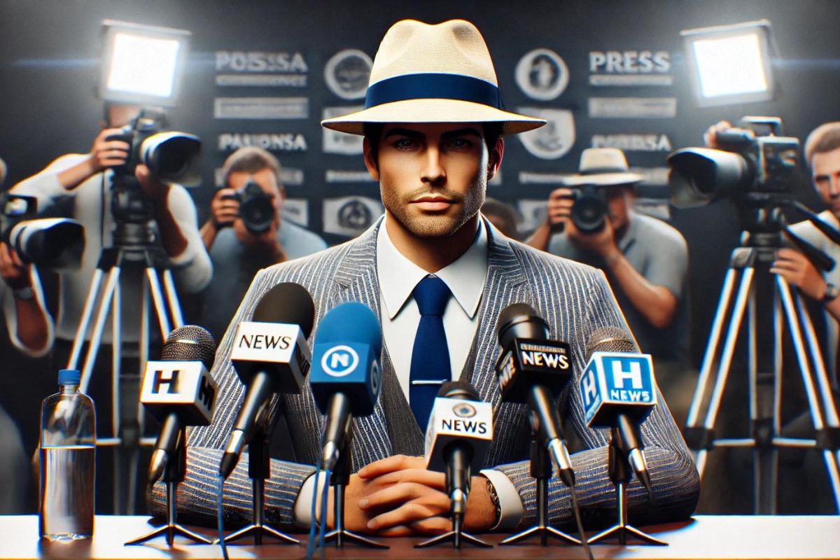 celebrity wearing a panama hat and giving a press conference