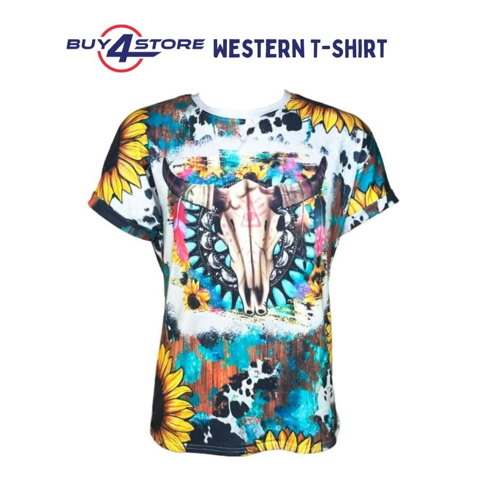 colorful western tshirt with bull and sunflower design