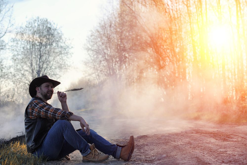 a man wearing a cowboy hat with western style clothing