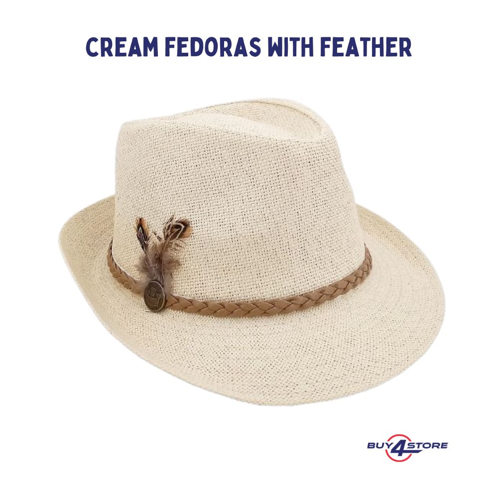 cream trilby fedora hat with feather