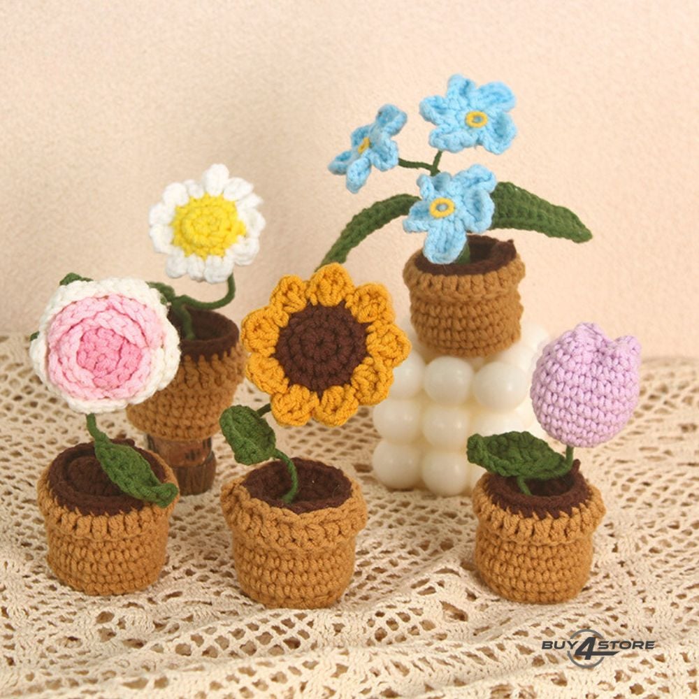 crochet flowers in a crocheted pot