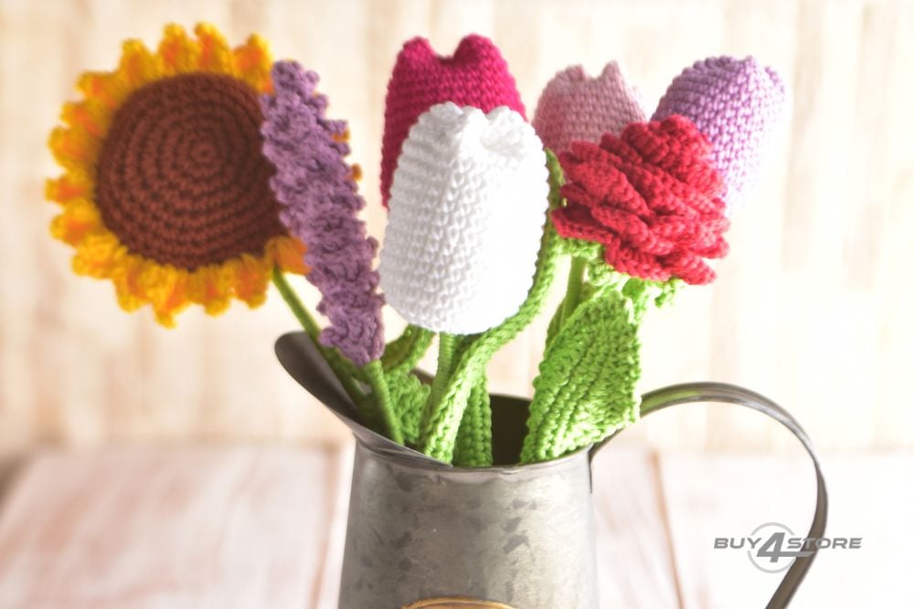 crochet sunflower and tulips in a pitcher