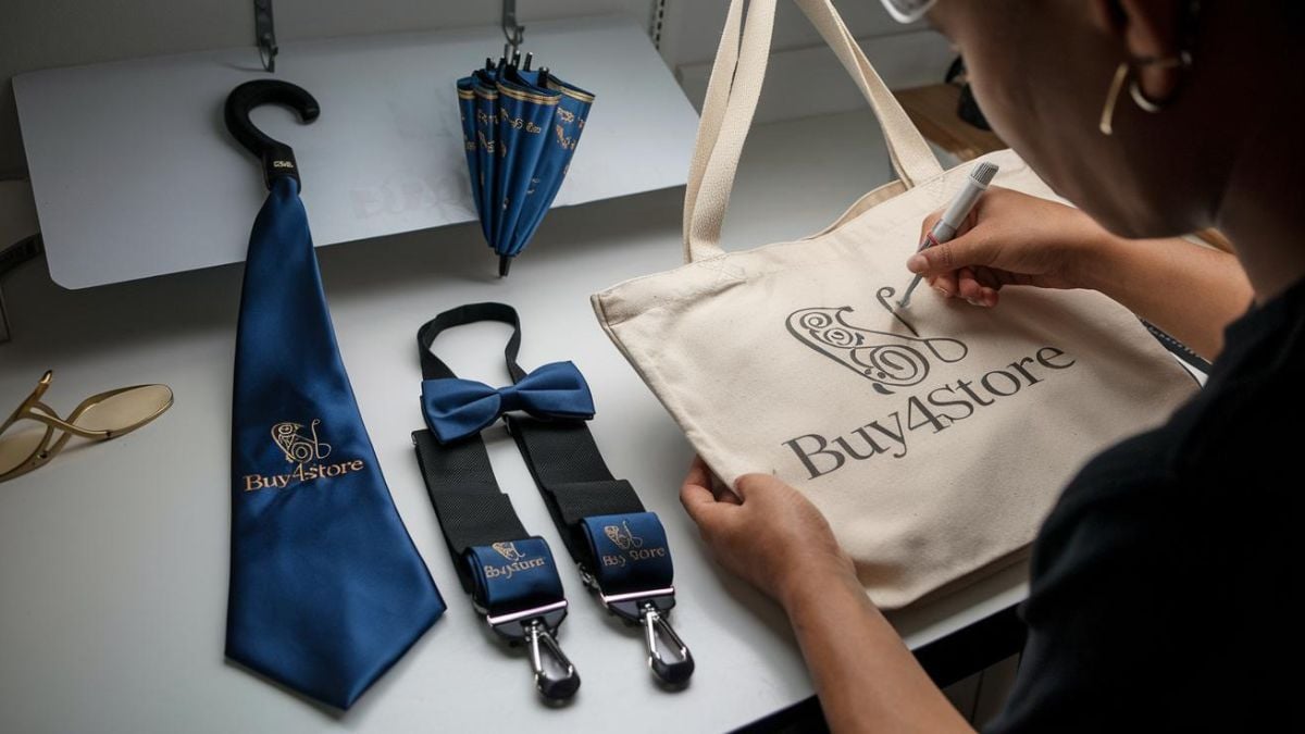 an artist working on tote bag and customizing umbrella, tie, suspender and bowtie