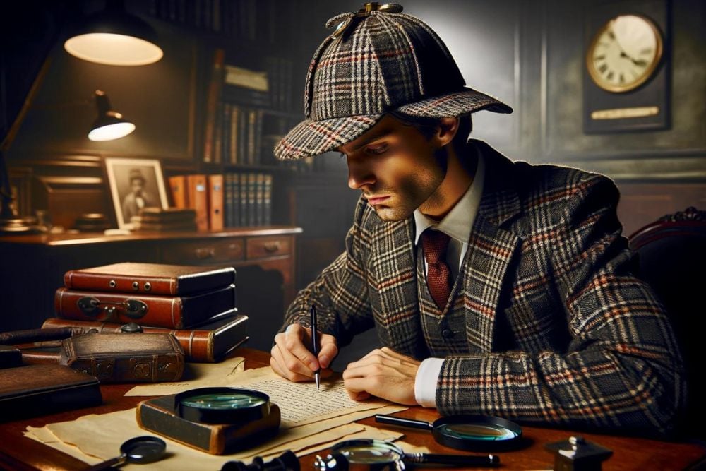 sherlock holmes hat name - detective wearing a deerstalker hat on the case in his room 