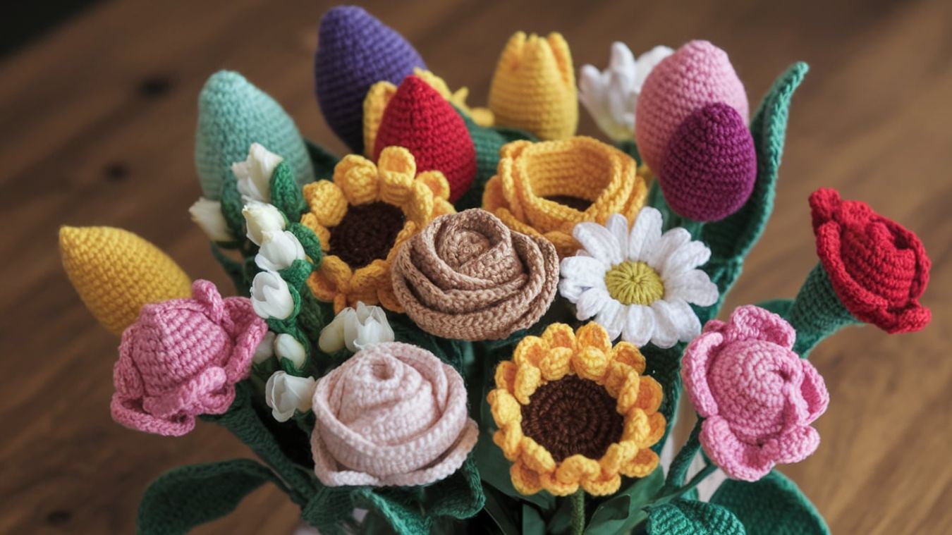 different single crochet flowers in an assortment