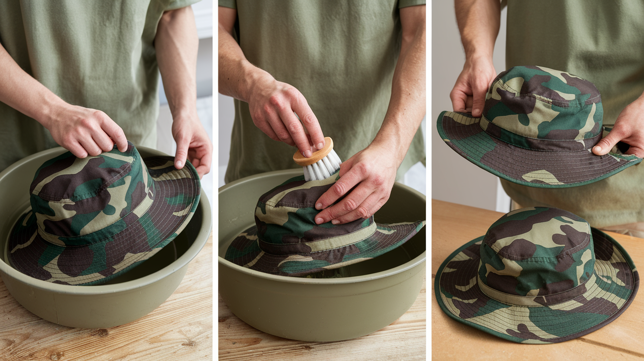 a man cleaning camo boonie hat