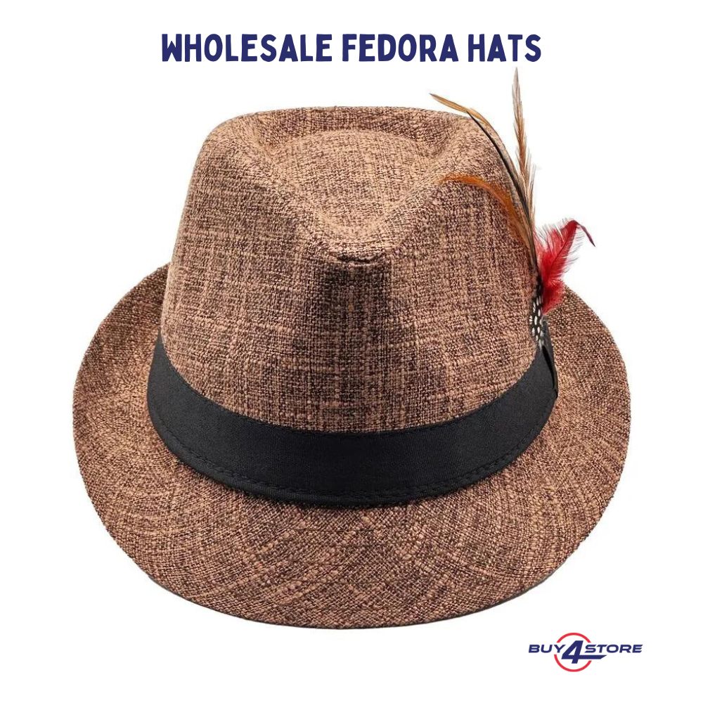 khaki fedora hat with feather