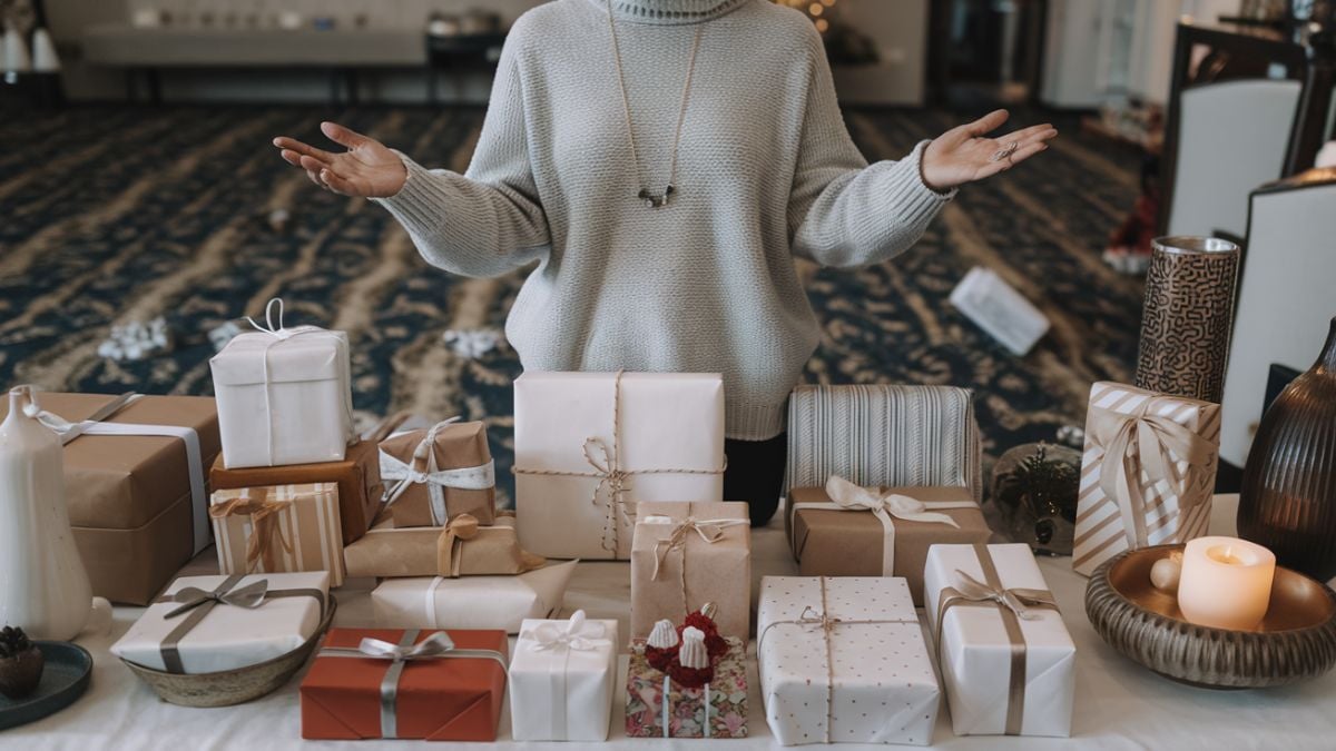 many gifts on table and a person trying to choose a gift