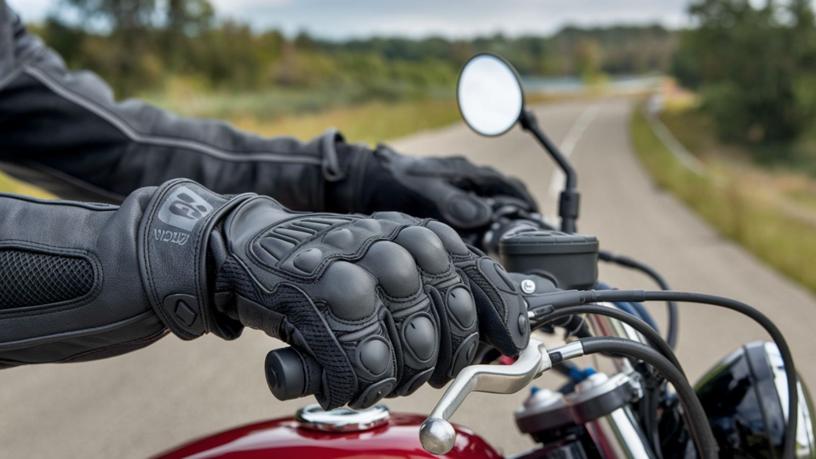 motorcyclist wearing pair of black moto gloves