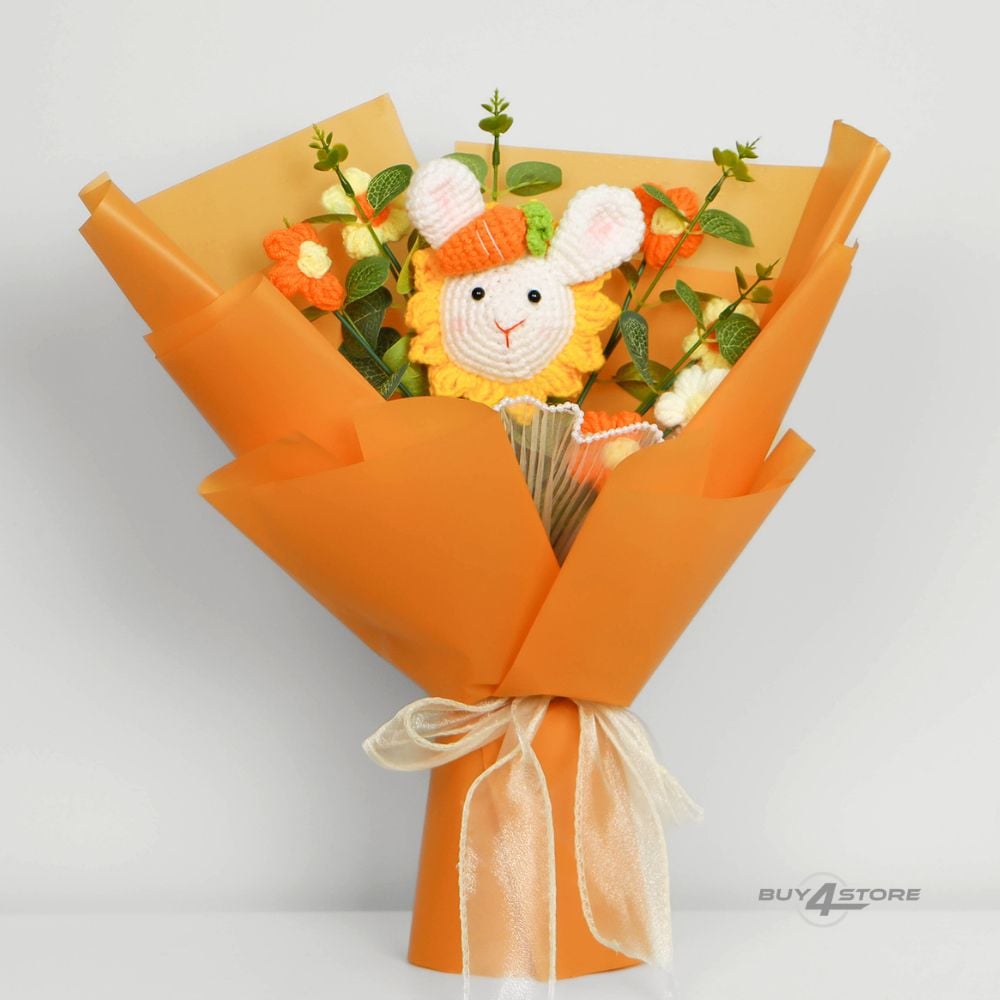 orange crochet flowers and rabbit bouquets