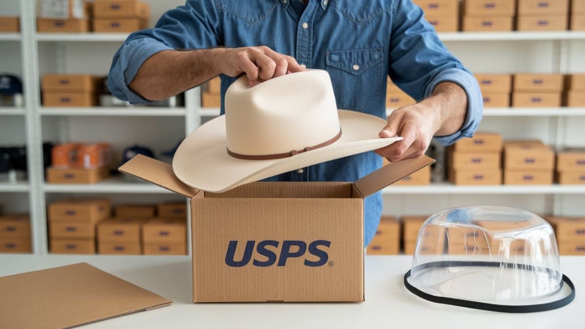 a man packaging a hat in a box with clear protector