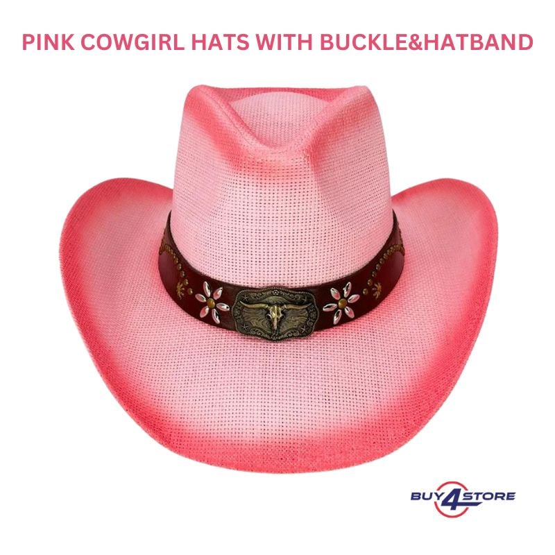 pink cowgirl hat with bull buckle and hatband