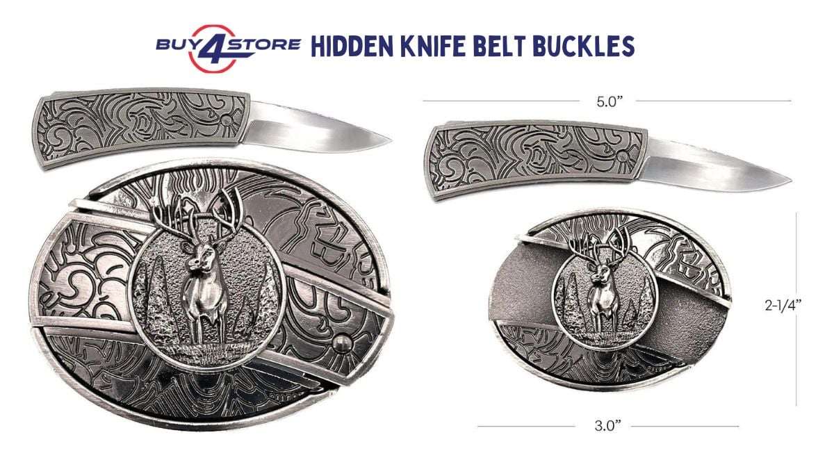 deer hidden knife belt buckle and dimensions