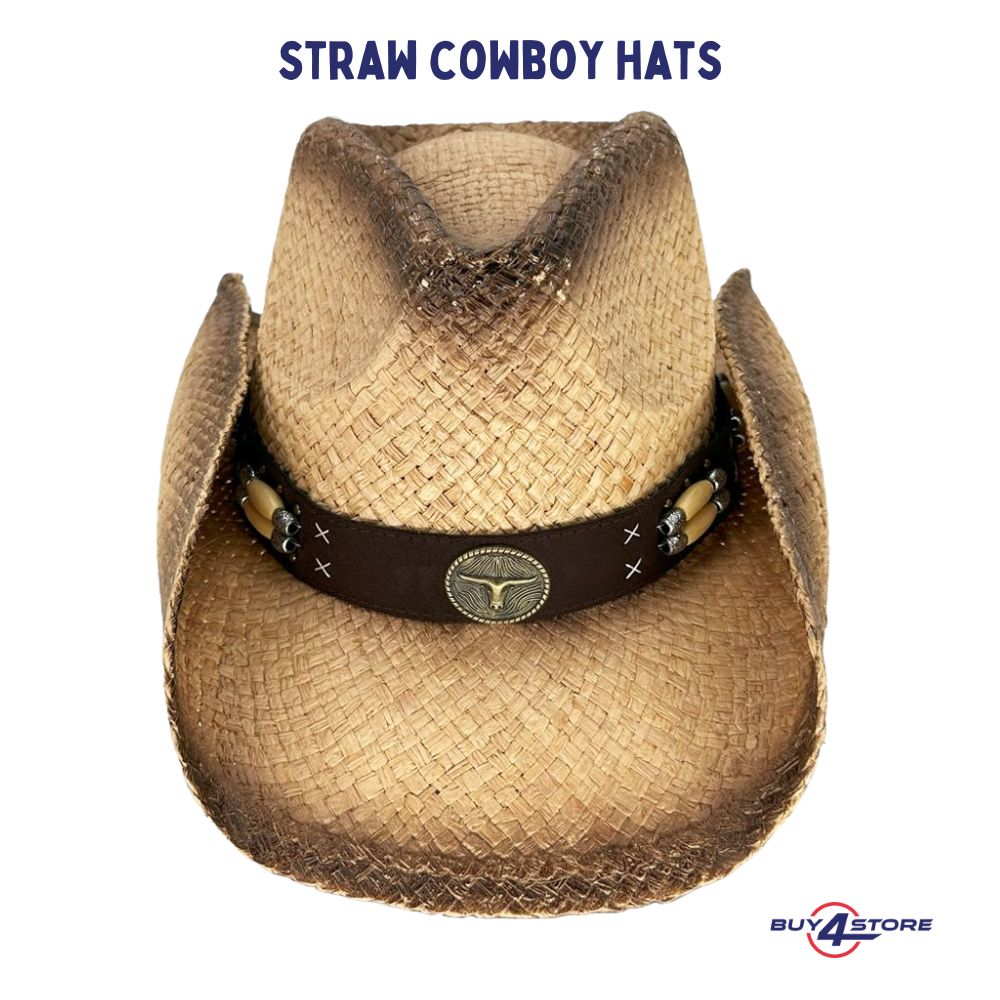 straw cowboy hats with bull buckle on band