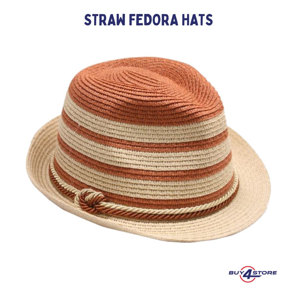 straw fedora hats with orange and cream stripes design