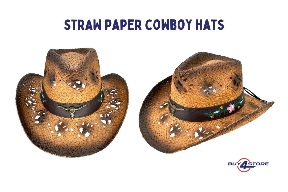 straw paper cowboy hats with bull buckle and floral band