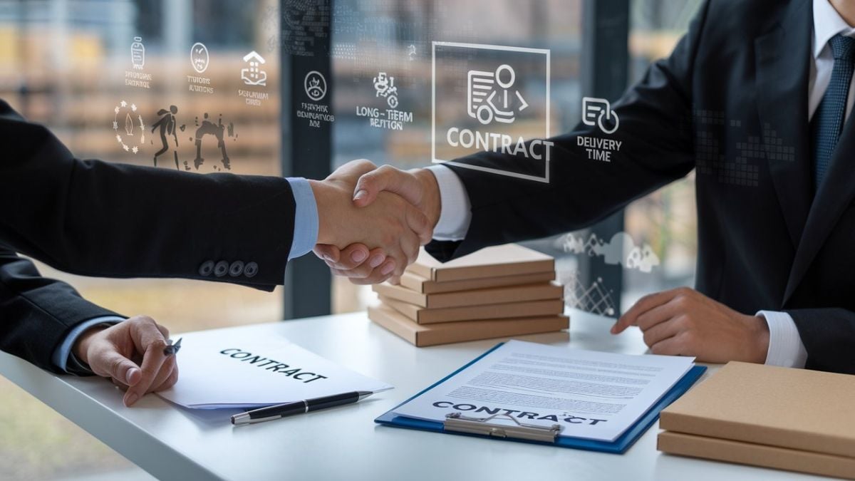 supplier and retailer shaking hands and signing contract