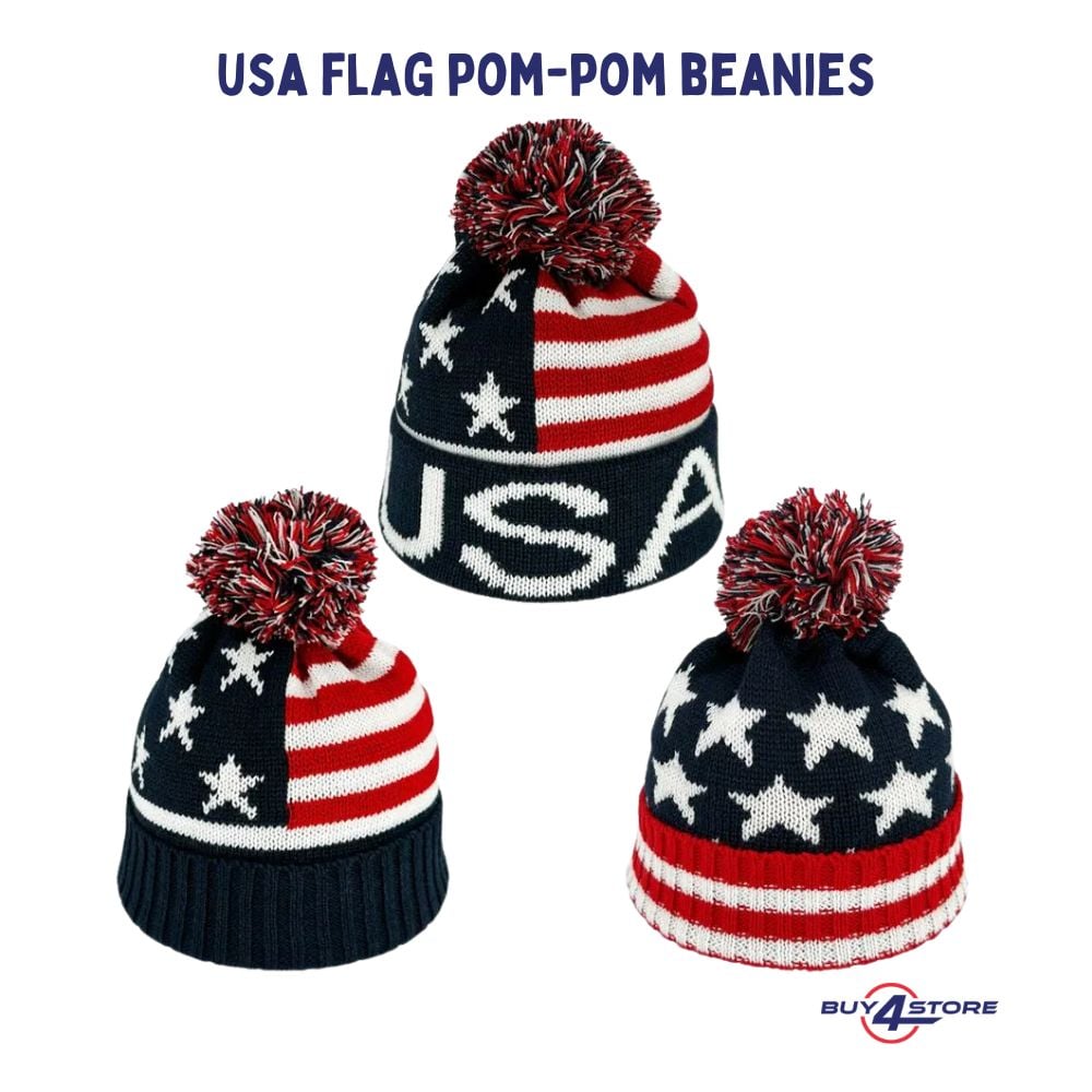 Pom pom Winter Hats - USA Flag Design Knit Hats