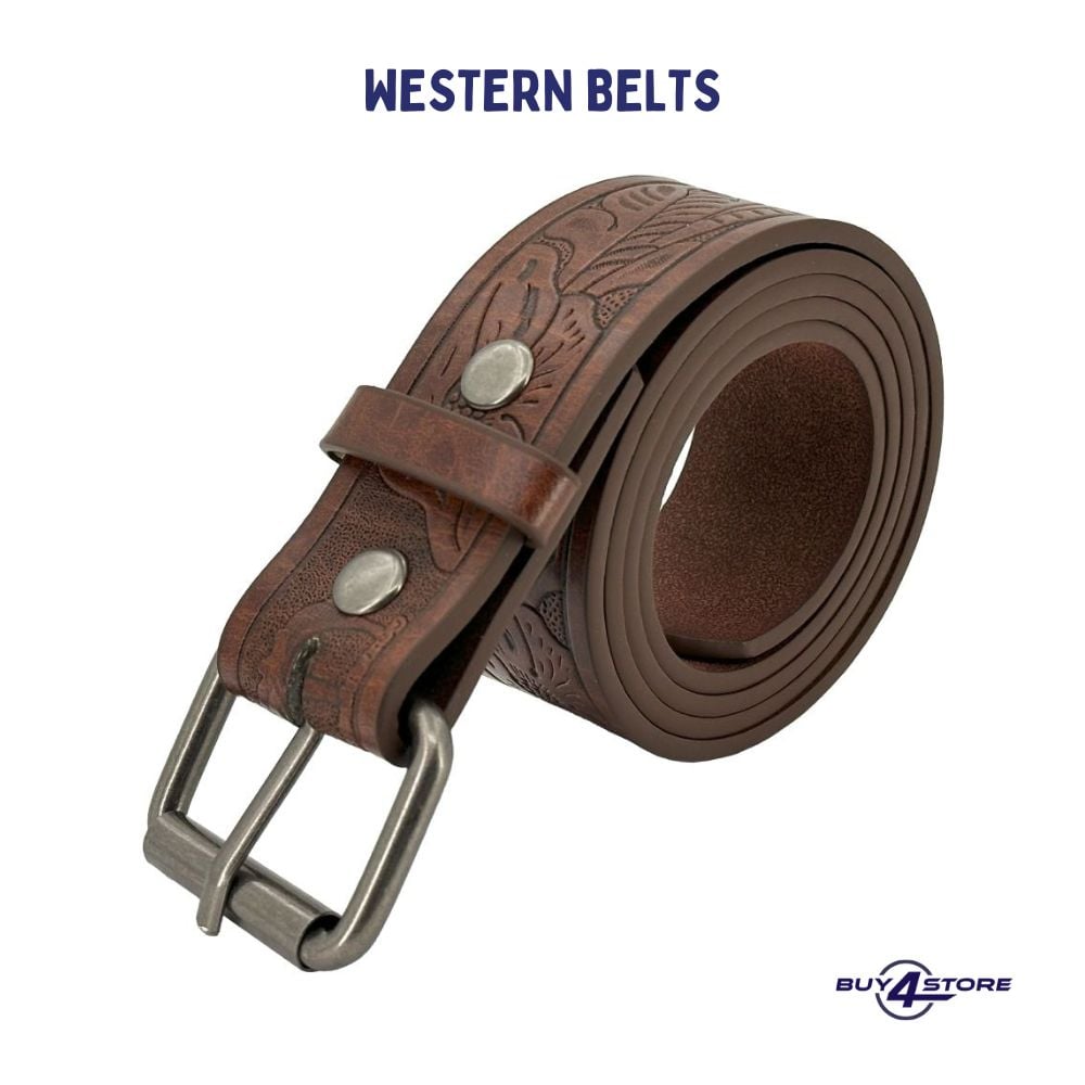 brown western engraved belt with floral design